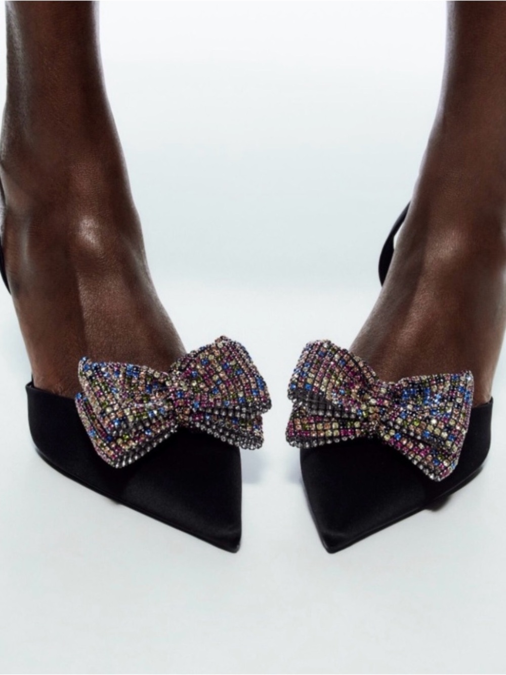 Zara Black Pointed Slingback Heels with Multicolor Crystal Bow